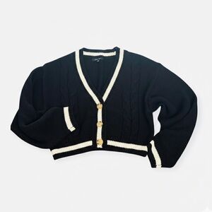 Love Tree V-Neck Cable Knit Cropped Cardigan Black Cream Academia Juniors Large